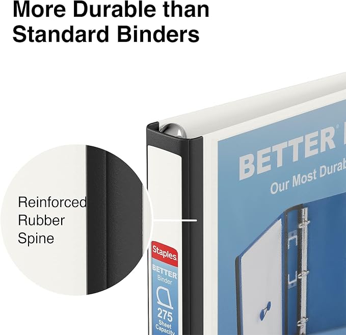 Staples Better Binder, 1" Heavy‑Duty D‑Ring 3‑Ring Binder, White, Reinforced Spine, 275‑Sheet Capacity, Durable Binder for Reports, Classes & Office Use, 3‑Pack