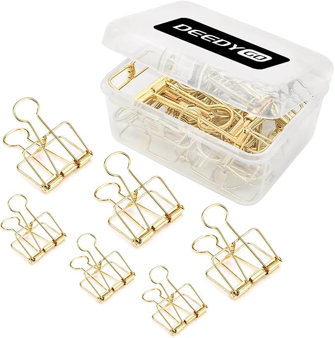 DEEDYGO 20 PCS Gold Wire Binder Clips, Assorted Sizes (10 Medium, 10 Small) | Stainless Steel Hollow Binder Clamps for Paperwork, Sewing, Crafts, Teacher, Office School Supplies, Food Packages