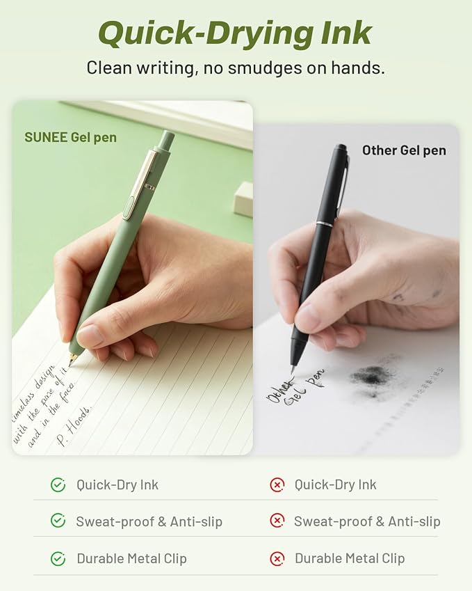 SUNEE Gel Pens, 6 Pack 0.5mm Pens Fine Point Smooth Writing Pens with Quick-Dry Black Ink, Cute Aesthetic School Office Note-Taking Pens for Journaling - Green