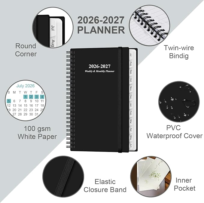 2026-2027 Pocket Planner/Calendar - 2026-2027 Planner from July 2026 - June 2027, Planner 26-27 with 12 Tabs, Twin-Wire Binding, Inner Pocket, 3.75" x 6.75, Black