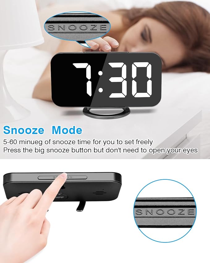 Digital Alarm Clocks,7" LED Mirror Electronic Clock,with 2 USB Charging Ports,Snooze Mode,Auto Adjust Brightness,Modern Desk Wall Clock for Bedroom Living Room Office - Black
