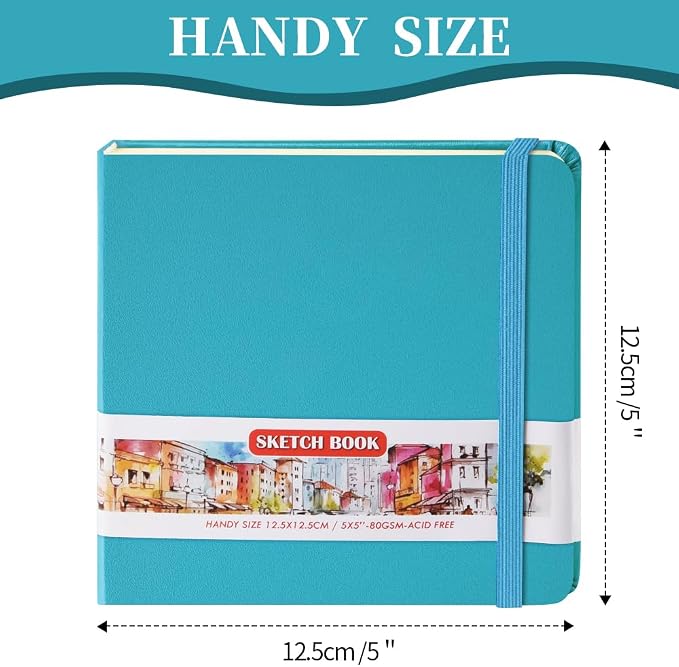5x5" Pocket Sketch Book,80gsm Hardcover Art Sketchbook for Drawing Journal | PU Cover,Blank Paper,96Sheets/192Pages,Lay-Flat,Portable Travel Creation Paint Diary Memo Planner,Dry Media.Lake Blue