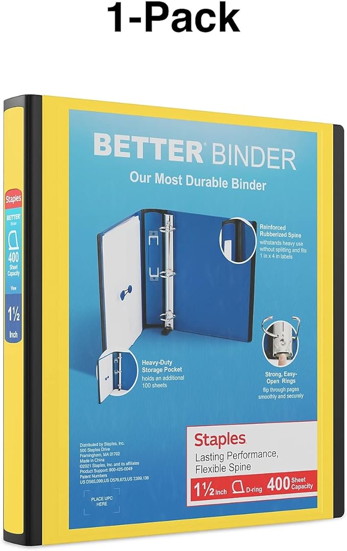 Staples Better Binder, 1.5" Heavy‑Duty D‑Ring Binder, Yellow, Reinforced Spine, Holds 400 Sheets, Durable 3‑Ring Binder for Classroom, Office & Projects, 3‑Pack