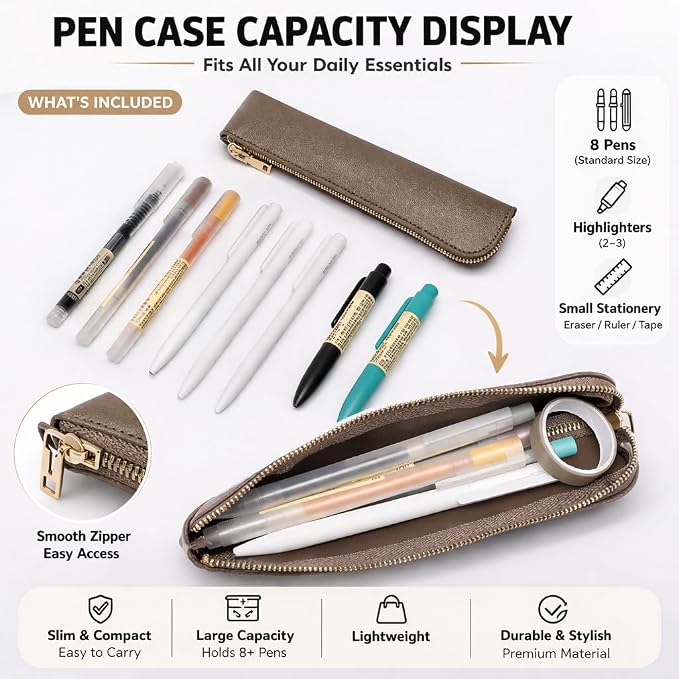 Slim Pencil Case Small Pencil Pouch Pen Case (Pearl Brown/FL)