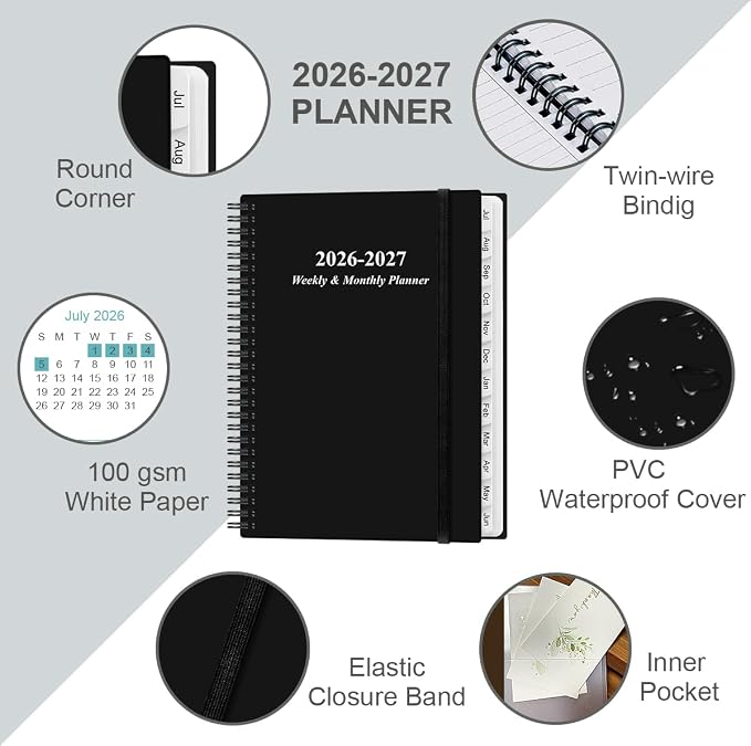 2026-2027 Planner - Planner 2026-2027 from July 2026 to June 2027 with 12 Monthly Tabs, Flexible Cover, Inner Pocket, 8.5" x 11", Black-B