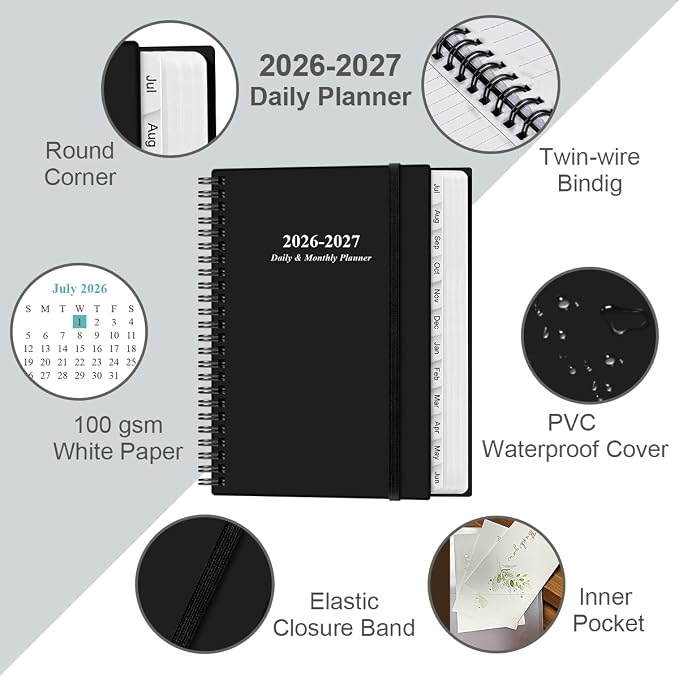 2026-2027 Daily & Monthly Planner - One Page Per Day, Daily Planner from July 2026 to June 2027, Planner 2026-2027 with 12 Monthly Tabs, 6.4" x 8.5", Black