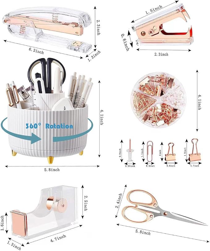 Gawsey Rose Gold Desk Organizers and Accessories with Desk Organizer 360° Rotating Pen Holder and Office Supplies, Cute Stationery Supplies Set