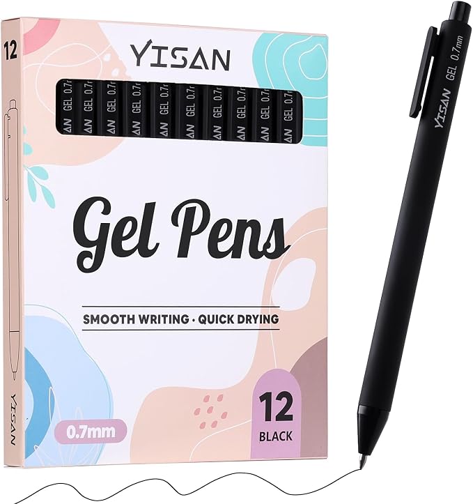 YISAN Black Gel Pens, 12 Pack, 0.7mm Bullet Tip | Retractable, Fast Dry, Smooth Writing, For Journaling and Note Taking, 71051