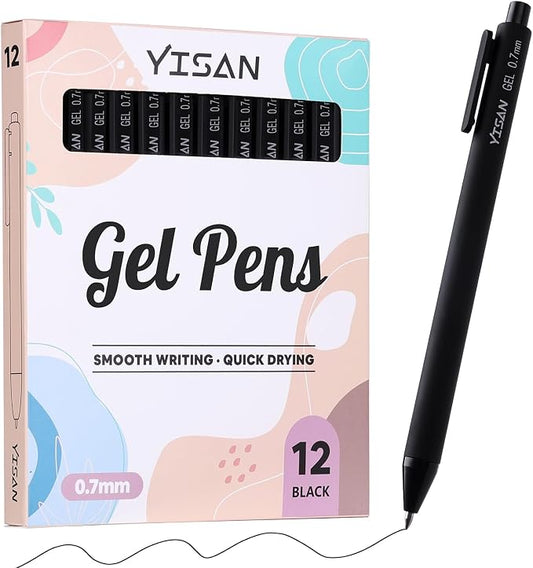 YISAN Black Gel Pens, 12 Pack, 0.7mm Bullet Tip | Retractable, Fast Dry, Smooth Writing, For Journaling and Note Taking, 71051