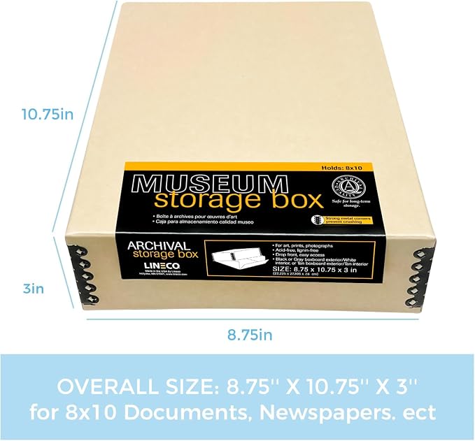 Lineco Museum Archival Storage Box, Drop Front, 8.75x10.75x3 in, Tan | Acid-Free with Metal Edge, Preserves Picture Longevity, Organize Photos, Newspapers, Prints, Documents, Crafts, DIY