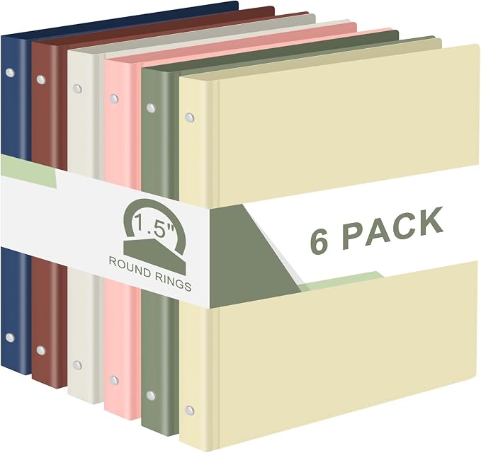 Fulmoon 6 Pack Plastic 3 Ring Binder Assorted Colors Economy Flexible Round Ring Presentation Binders with Pocket for Office School Meeting(1.5 Inch,Morandi Colors)