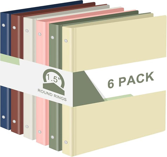 Fulmoon 6 Pack Plastic 3 Ring Binder Assorted Colors Economy Flexible Round Ring Presentation Binders with Pocket for Office School Meeting(1.5 Inch,Morandi Colors)