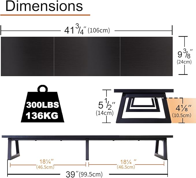 TEAMIX 42 inch Large Dual Monitor Riser, Desk Organizer Stand for TV Laptop | Extra Long Computer Stand Shelf, Wood & Steel TV Riser, Holds 300lbs, Keyboard & PS5 Storage Below, For Home Office & Gaming