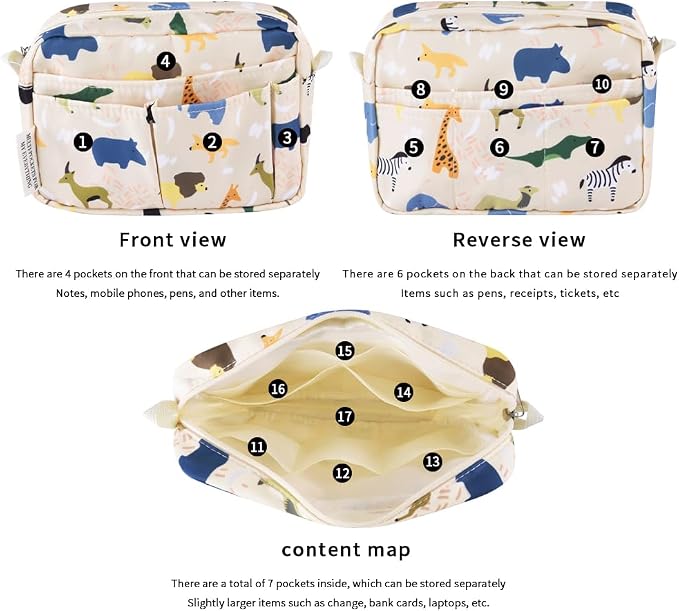 E-WEICHEN Multiple Pockets Portfolio Organizer with Zippered, Makeup Bag Travel Essentials for Women, Simple Waterproof Stationery Pencil Pouch Bag for Journal Office Art Supplies.Beige Animals