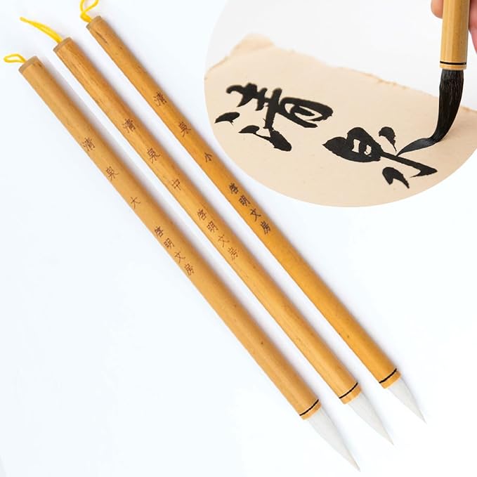 Chinese Calligraphy brush, QingQuan Zhongkai Chinese Brush, Calligraphy Brush set for Seal Script, Official, Regular Script Japanese Kanji Sumi Brush (QingQuan 3pc Set S+M+L)