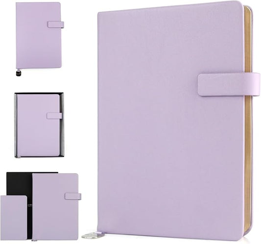 A5 Hard Cover Lined Notebook, Pen Holder & Gold Edges, 180° Lay Flat Journal, Large 5.7 x 8.4 in, Bookmark & Gift Box, Business Notebook for Work, Study, Travel(Light Purple)