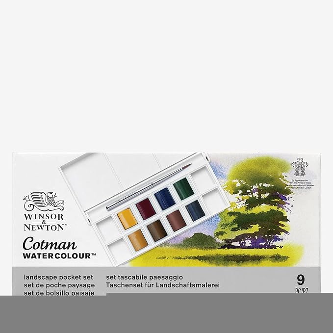Winsor & Newton Cotman Watercolor Paint Set, 8 Half Pan, Landscape Colors w/ Brush