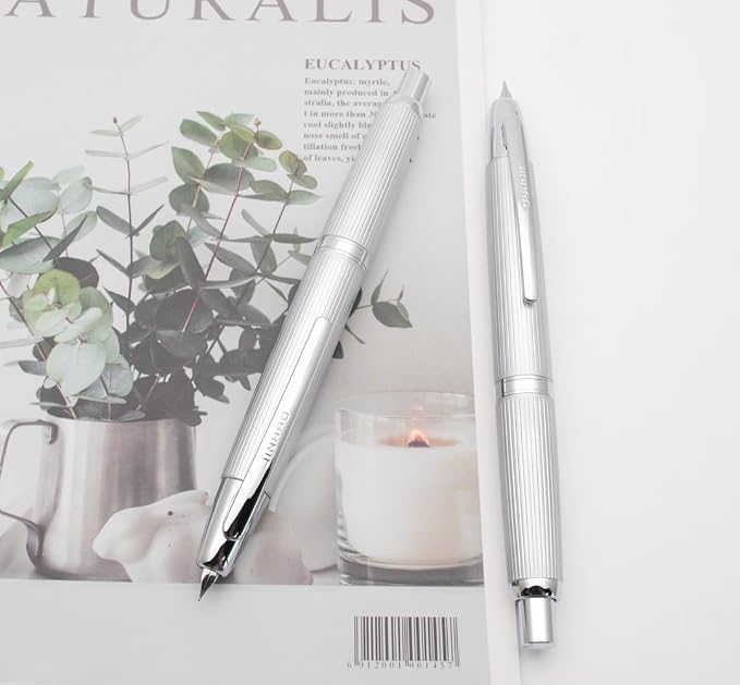 JINHAO 10 Press Fountain Pen, Retractable Metal Pen with Ink Converter (EF Nib 0.38mm, Striated Silver)