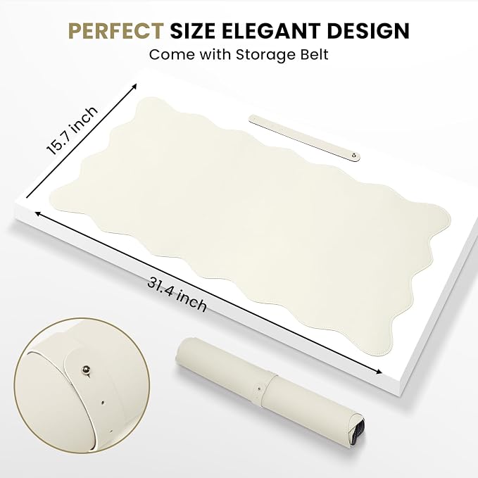 PU Leather Desk Pad, Scalloped Non-Slip Mouse Pad & Large Desk Mat Cover Stitched Edges Writing Pad for Office, Home - Waterproof, Easy to Clean, Durable Surface I 31.4"x15.7", Off-White