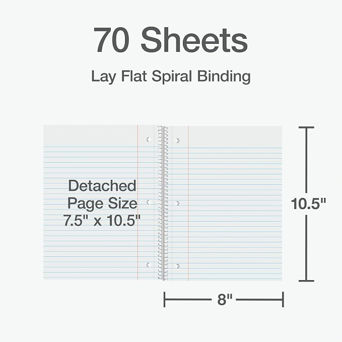 Oxford Spiral Notebooks, 1 Subject, Wide Ruled Notebooks for School, 8 x 10.5 Inches, 70 Sheets, Assorted Pastel Colors, Back to School Supplies (1002541) (Pack of 24)