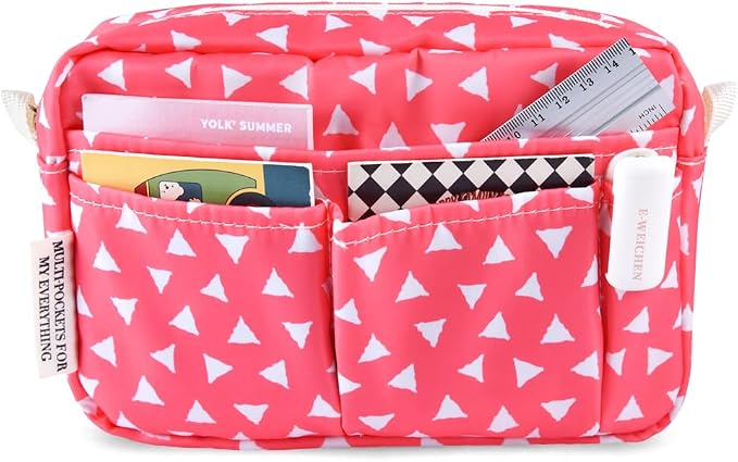 E-WEICHEN Multiple Pockets Portfolio Organizer with Zippered, Makeup Bag Travel Essentials for Women, Simple Waterproof Stationery Pencil Pouch Bag for Journal Office Art Supplies.Pink Triangle