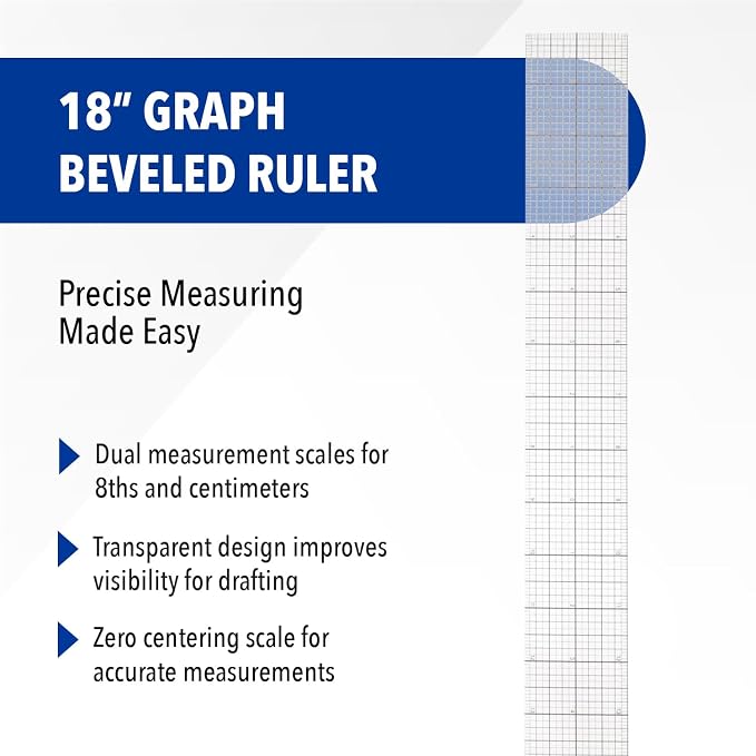 Westcott Transparent Beveled Graph Ruler with Zero-Centering Scale, Back-to-School, School Supplies, Classroom Supplies, 2 X 18-Inch