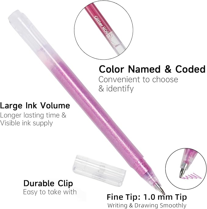 Red Pink Gel Pens Set,24 Colored Gel Pens Glitter Metallic Pastel Morandi Neon Color Gel Pen More Ink Colored Gel Pens for Adults Coloring Books Drawing, Doodling, Scrapbook, Journaling