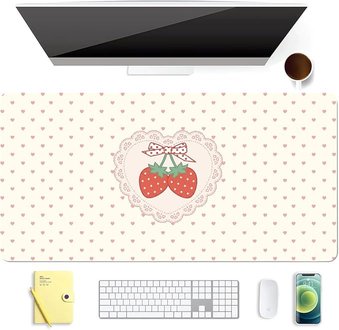 Strawberry Love Heart Leather Desk Mat Extended Gaming Mouse Pad | Non-slip Large Writing Pad Laptop Blotter Computer Keyboard Mat | Cute Desk Protector for Home Office 23.6" x 11.8"