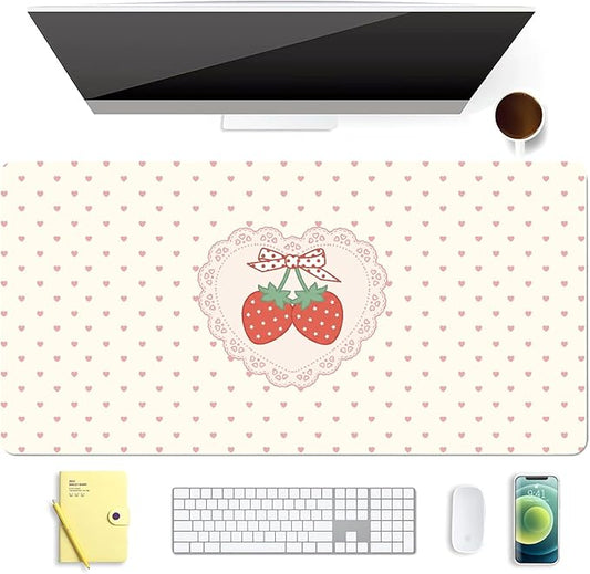 Strawberry Love Heart Leather Desk Mat Extended Gaming Mouse Pad | Non-slip Large Writing Pad Laptop Blotter Computer Keyboard Mat | Cute Desk Protector for Home Office 27.6" x 13.8"