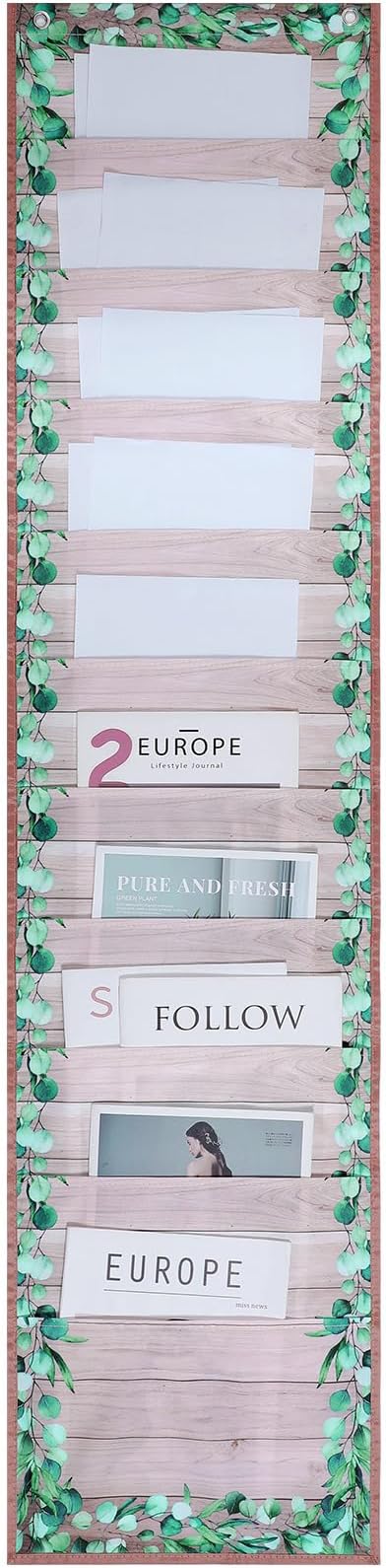 MotiMind Green Leaves 10 Pockets Wall Hanging File Folders File Storage Pocket Chart for Classroom Hanging Wall Organizer with 2 over The Door Hangers, 58" x 14" for School Classroom Office Home