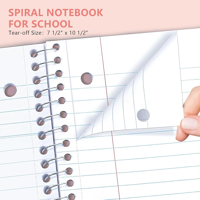 Pastel Pink Spiral Notebook, 1 Subject College Ruled, 10.5 x 8 in, 100 Sheets, 3-Hole Punched Perforated Pages, Flexible Plastic Cover, Double Pocket Folder for School Notes
