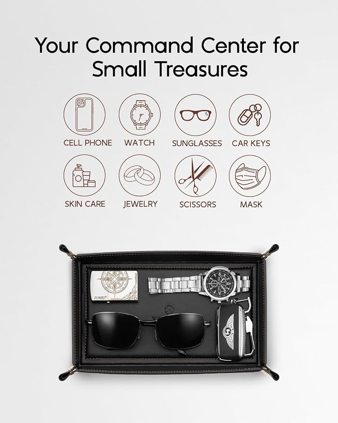 VLANDO Valet Tray for Men, Foldable PU Leather Catchall Tray, Black | Travel Valet Tray for Keys, Wallet, Watch, Phone and Glasses, Nightstand Dresser Desk Entryway Organizer for Men and Women