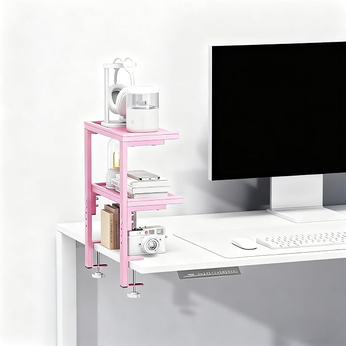 Spacrea Clamp on Desk Shelf, 2 Tier Office Desk Shelves Organizer, Wood Desktop Supplies Storage Rack, Desk Organizers and Accessories (Pink)