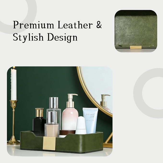 Green Luxury Leather Jewelry Tray - Stylish Desk Accessories & Nightstand Organizer for Holding Jewelry, Watch, Keys, Phone & Wallet (Entryway/Desktop Decor)