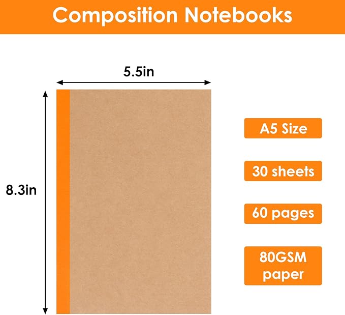LABUK 10pcs A5 Composition Notebook Journals Bulk, Kraft Lined Notebooks, 10 Colors 60 Pages for Journaling, Writing, School, Office, Kids Gift