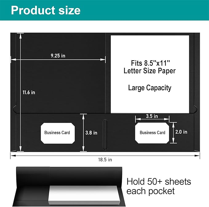 HABGP Two Pocket Folders, 50 Pack 2 Pocket Folders Fit Letter Size Paper, Black Paper File Folders with Pockets for School Office Home Business