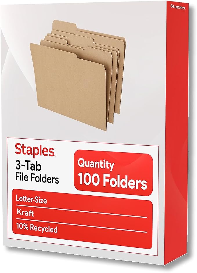 Staples Colored File Folders, Letter Size, 3‑Tab Top‑Tab Design, Kraft, Durable Paper Stock, 100/Pack