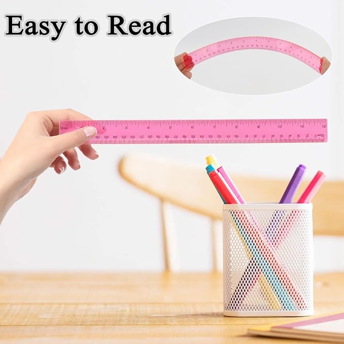 Plastic Clear Ruler Math Set, 6" | 12" Straight Ruler Protractor, 2 Protractors 180 Degree 2 Triangle Rulers 45 | 60 Degree 2 Straight Rulers Measuring Tool for School Office Home Supplie,Pink