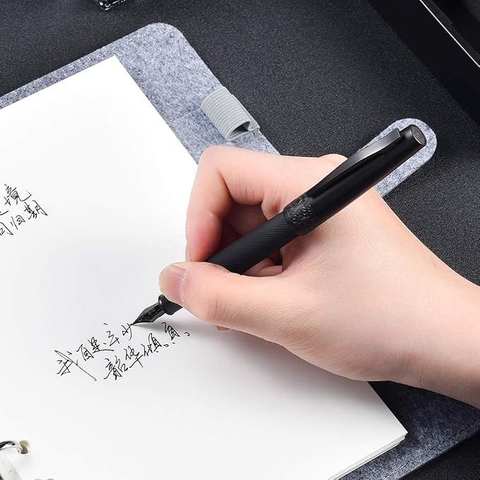 Hongdian 6013 Pure Black General Fountain Pen, PVD Coated Black Medium Nib Solid Metal Pen with Metal Box