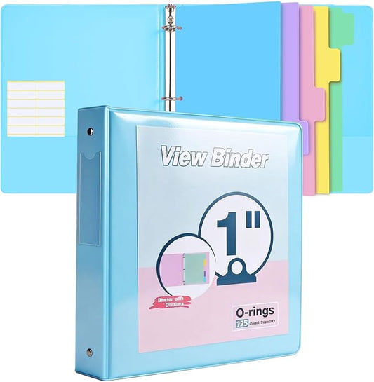 3 Ring Binder 1 inch，Cute Binder Organizer with 5 Tab Dividers Fits 175 Sheets of 8.5x11 Paper, Customizable Clear Cover with Inside Pockets, Aesthetic 1" Three Ring Binders for School Office