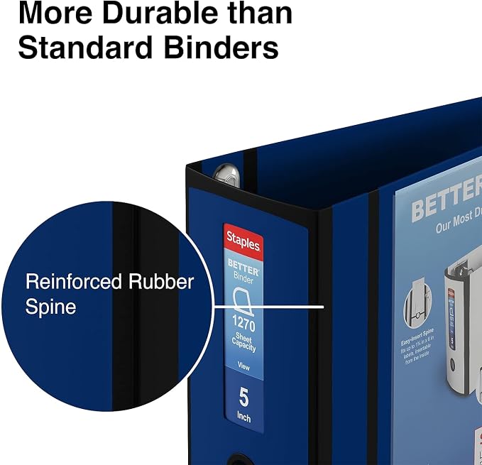Staples Better Binder, 5" Extra‑Capacity Heavy‑Duty D‑Ring Binder, Navy Blue, Reinforced Spine, Holds 1,050 Sheets, High‑Capacity Office & Records Organizer, 2‑Pack