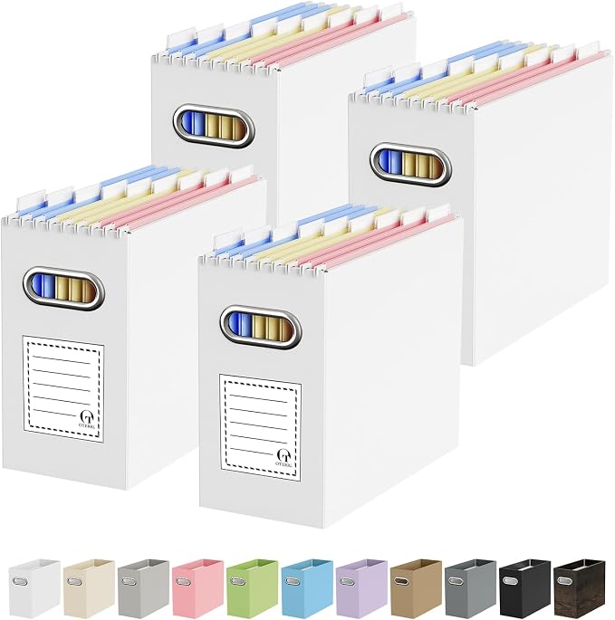 Oterri File Organizer Box, Portable Collapsible Cardboard File Folder Organizer with Handle for Letter Size Hanging Files, Document Storage Box for Home Office & Classroom (4 Packs, White)