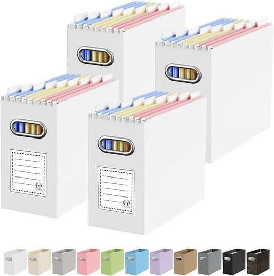 Oterri File Organizer Box, Portable Collapsible Cardboard File Folder Organizer with Handle for Letter Size Hanging Files, Document Storage Box for Home Office & Classroom (4 Packs, White)