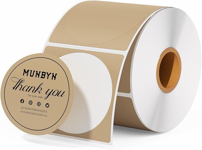 MUNBYN 2 Inch Brown Circle Thermal Sticker Labels, Self-Adhesive Round Direct Thermal Labels for Logo Design, QR Code, 750 Sheets/1 Roll