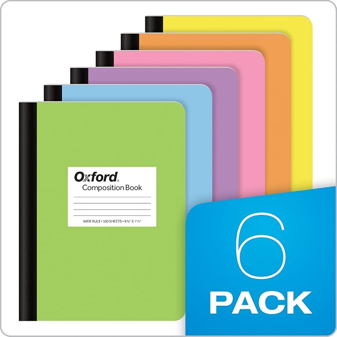 Oxford Composition Notebooks, 6 count, Cover Colors Vary, Wide Ruled Paper, 9-3/4 x 7-1/2 Inch School Journals, Assorted Pastel Covers, 100 Sheets, per Book (63759) (Pack of 4)