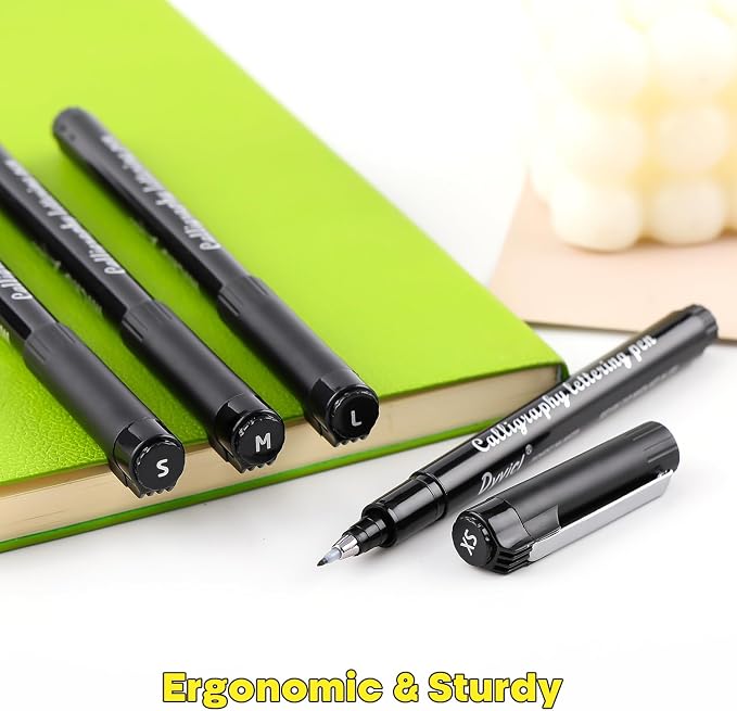 Dyvicl Hand Lettering Pens, Calligraphy Brush Pens Art Markers for Beginners Writing, Sketching, Drawing, Illustration, Scrapbooking, Journaling, Black Ink Pen Set, 4 Sizes