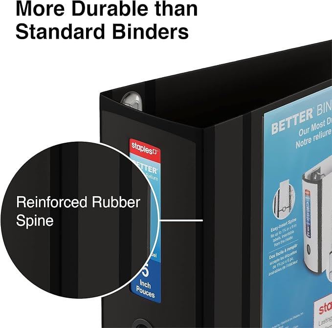 Staples Better Binder, 5" Extra‑Capacity D‑Ring Heavy‑Duty Binder, Black, Reinforced Spine, Holds 1,050 Sheets, High‑Capacity Organizer for Office & Records, 2‑Pack