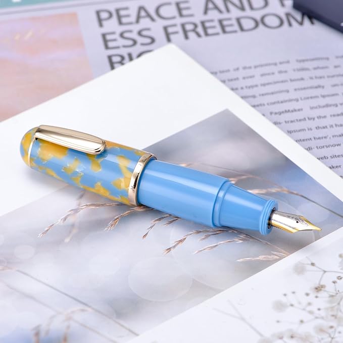 Lanxivi Majohn Q1 Fountain Pen Medium Nib Sky Blue Acrylic, Little Fat Man Eyedropper Filling Pocket Pen Large Capacity