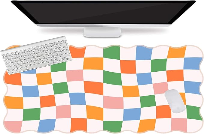 L-SPOUTTO Checkered Mouse Pad,Geometric Desk Mat XXL Large Scalloped Gaming Mousepad,35.4x15.7in Non-Slip Base Keyboard Pad Waterproof Desktop Mat for Laptop Computer Game Home Office-Checkered
