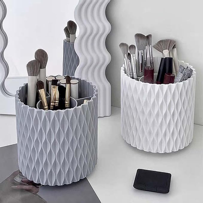 OWLFAVO Rotate Desk Organizer, Spinning Pen Holder Stationery, 360-Degree Pencil Accessories Storage Caddy Tray for College, Home, Office, Makeup Brush, 5 Compartments, Gray